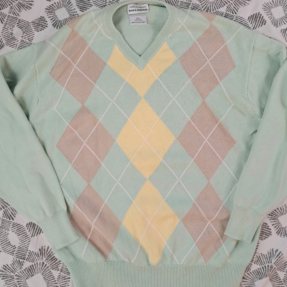 Vntg Maus&Hoffman Cotton V-Neck Argyle Sweater in Mint SzS/M Men SzM/L Women